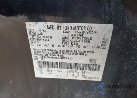 2014 Ford Explorer Xlt из США, поврежденный, VIN 1FM5K8D86EGC21420